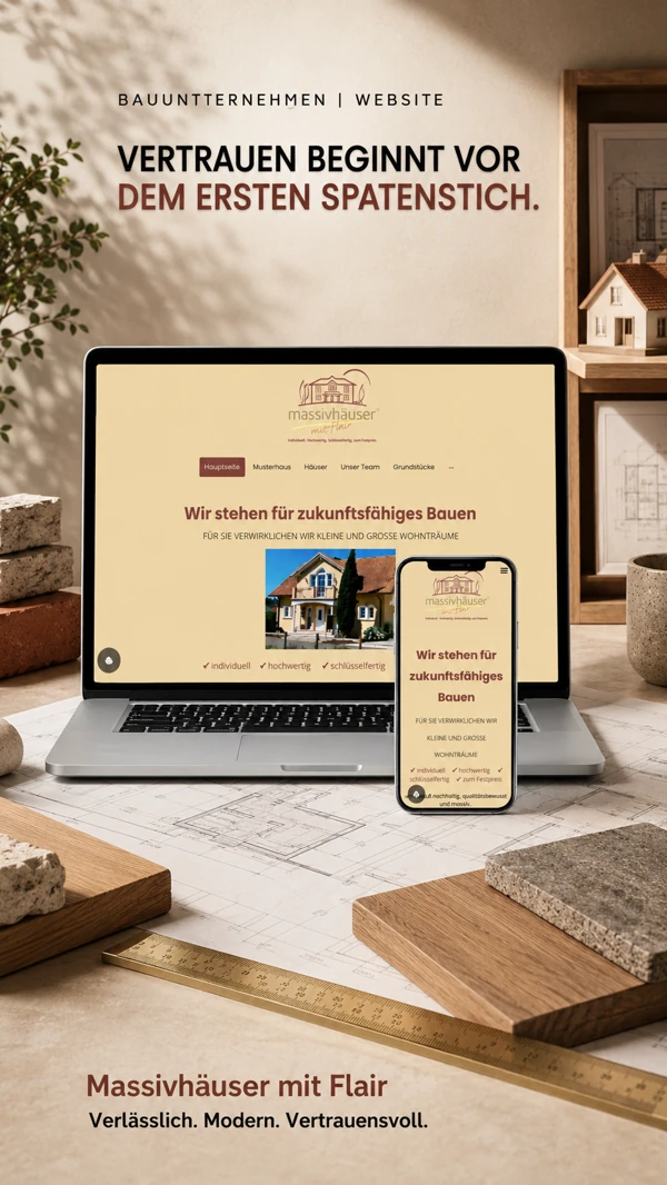 Arbeitsbeispiel Massivhäuser mit Flair, Webseite auf Laptop und Smartphone