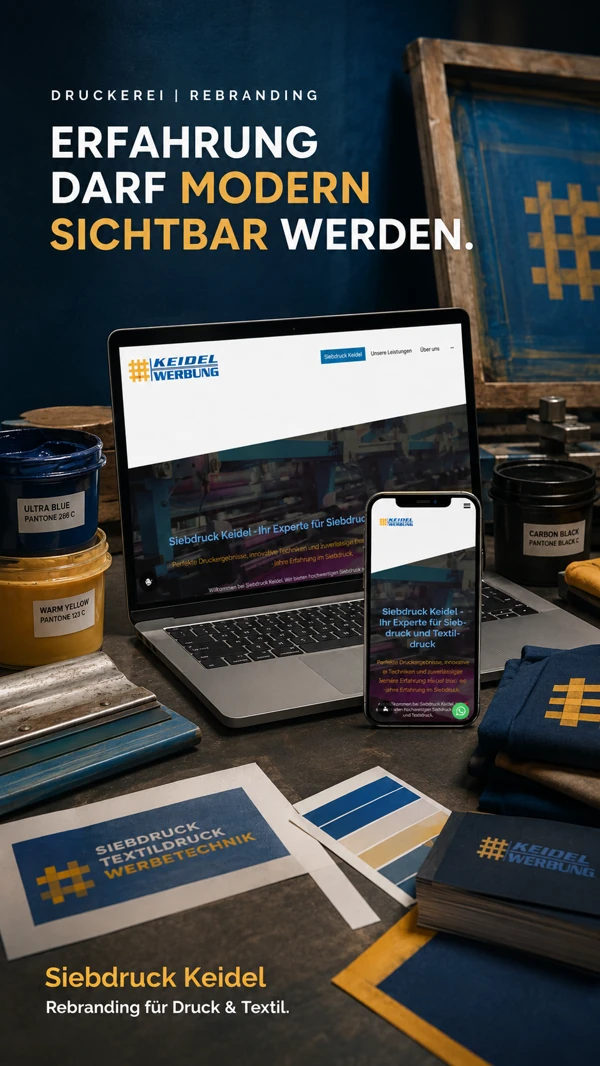 Arbeitsbeispiel Siebdruck Keidel, Webseite auf Laptop und Smartphone
